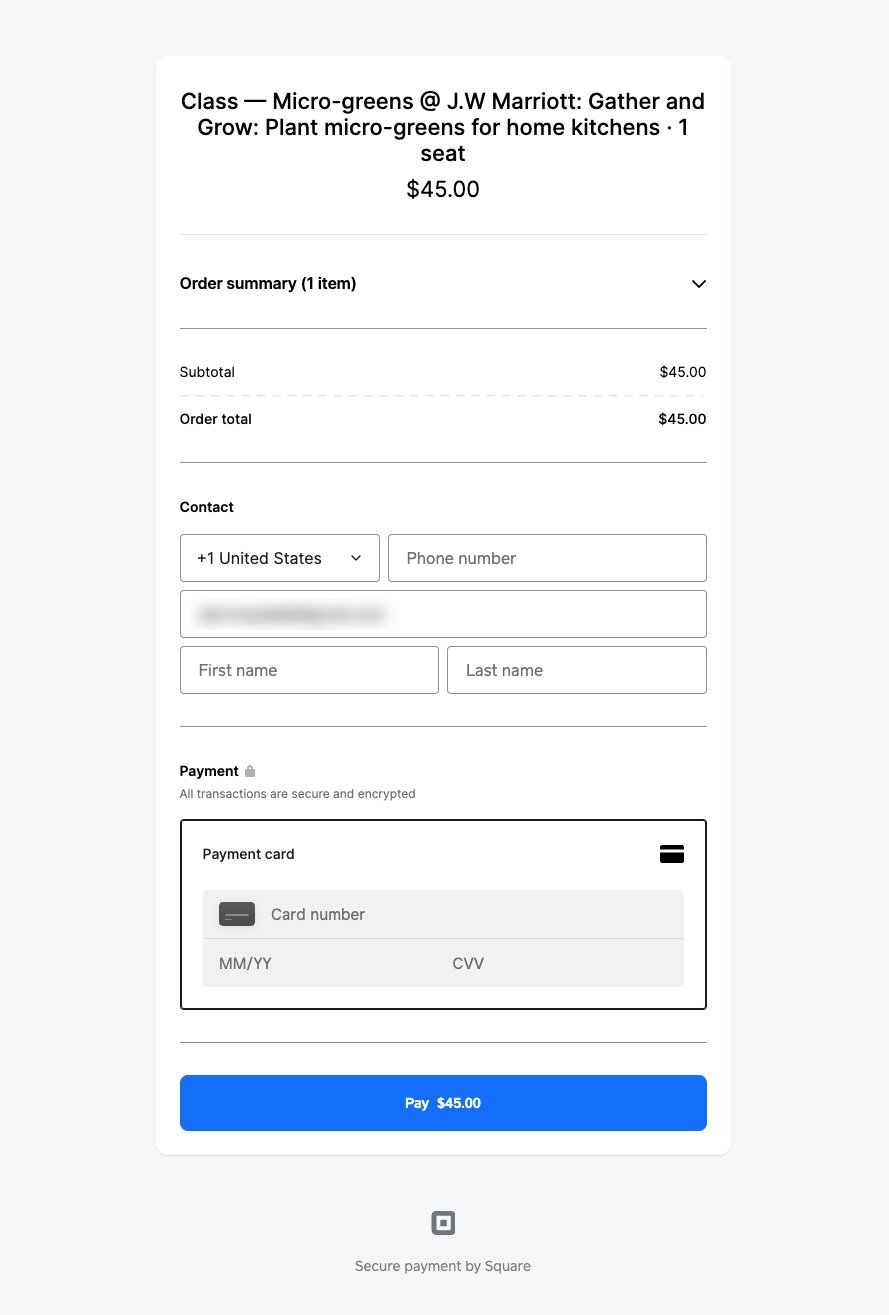Square's hosted checkout page for one workshop seat