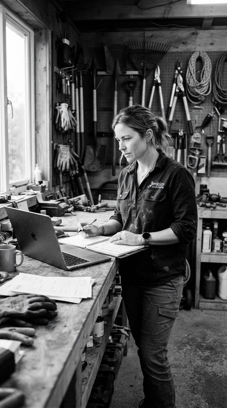 A business owner updating her website at a workshop bench