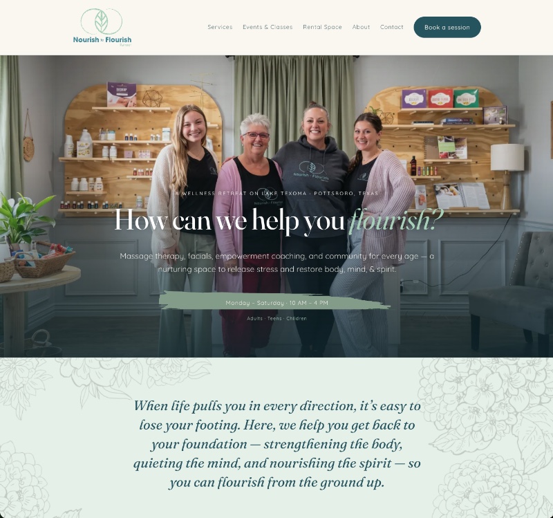 Nourish to Flourish homepage: the team in the Pottsboro spa