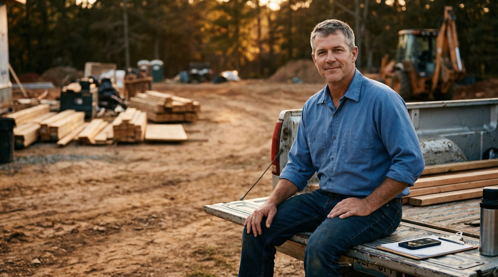 Business owner sitting at ease on a truck tailgate at a job site